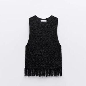 Zara Black Metallic Fringe Trim Tank Top Boho Open Weave Knit Crochet Size Large